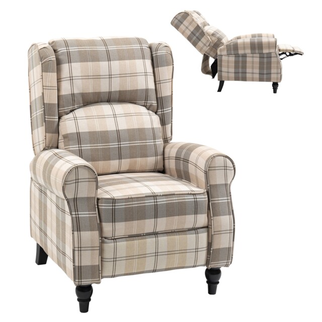 HOMCOM Wingback Recliner Armchair for Living Room, Pushback Reclining Chair with Round Armrests, Footrest and Rubber Wood Legs, Khaki