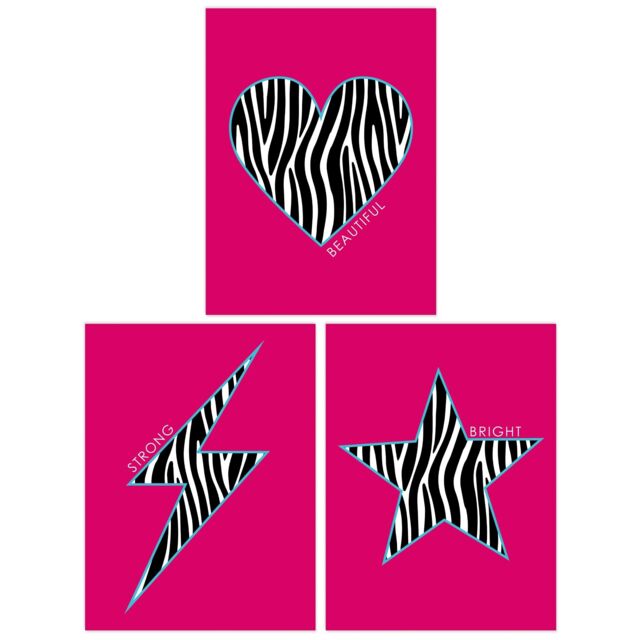 Set of 3 Zebra Pattern Heart Lightning Star Hot Pink Bold Home Decor Wall Art Print A4