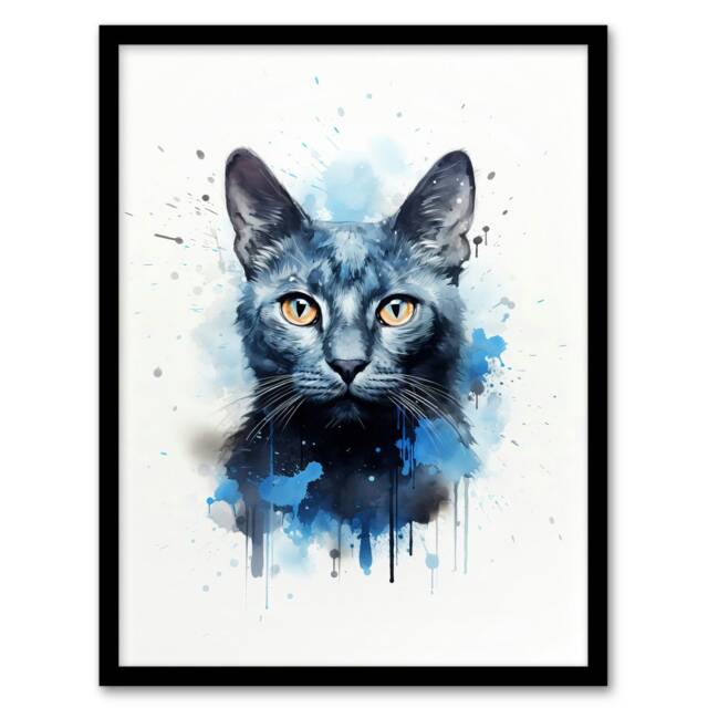 Cat Russian Watercolour Pet Portrait Home Decor Black Framed Wall Art Print A4