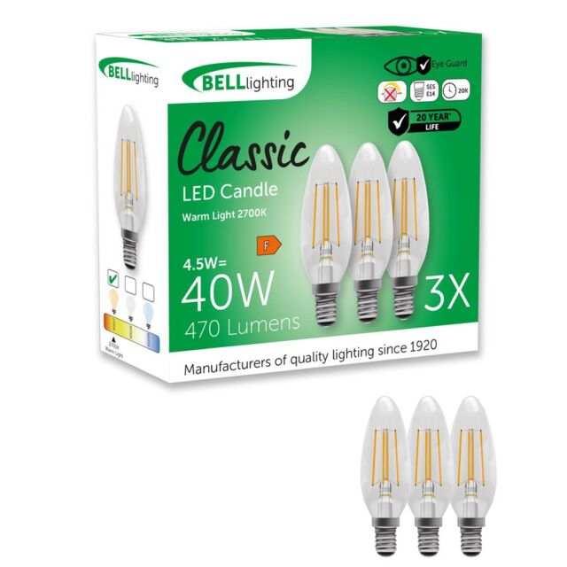BELL Lighting E14 LED Filament Candle 4.5W Energy Saving Light Bulbs White Warm White - 2700K 3