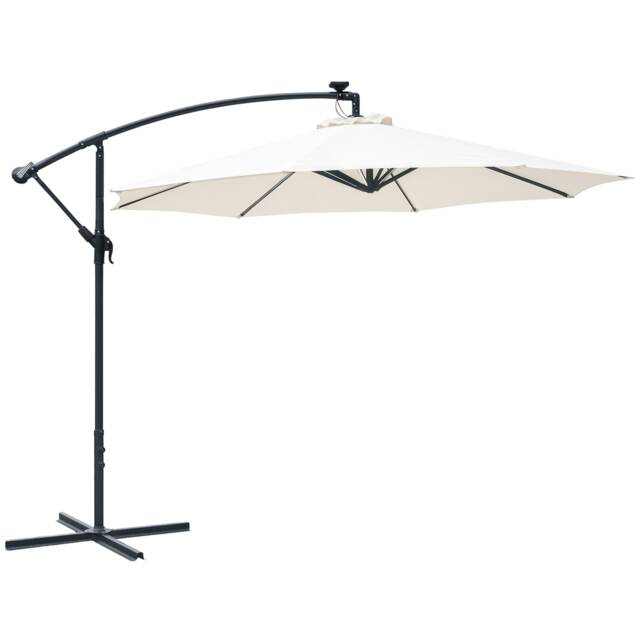 Outsunny 3(m) LED Patio Banana Umbrella Cantilever Parasol w/ Crank, Off-White Cream