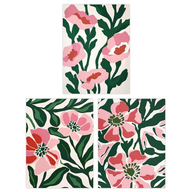 Set of 3 Prints Pink Poppy Flowers Floral Retro Boho Poster Art