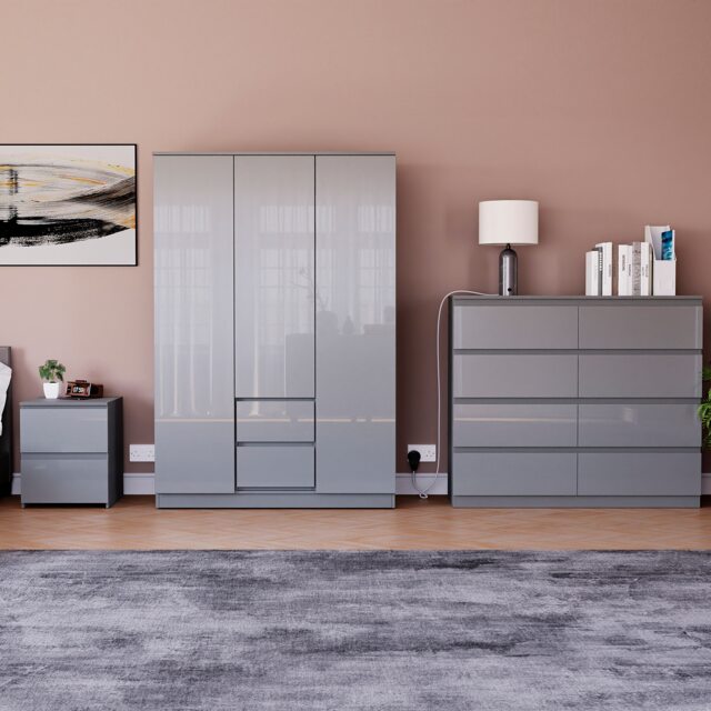 Vida Designs Glinton 3 Piece FSC Certified Bedroom Set (2 Drawer Bedside Chest, 8 Drawer Chest, 3 Door 2 Drawer Wardrobe), Grey Grey Grey