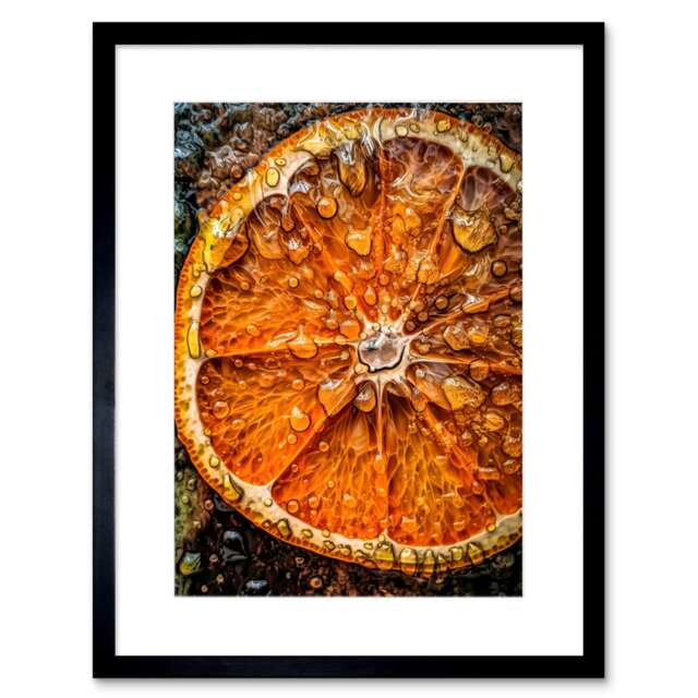 "Orange Slice Juice Droplets Macro Painting 9x7"" Black Framed Wall Art Print"