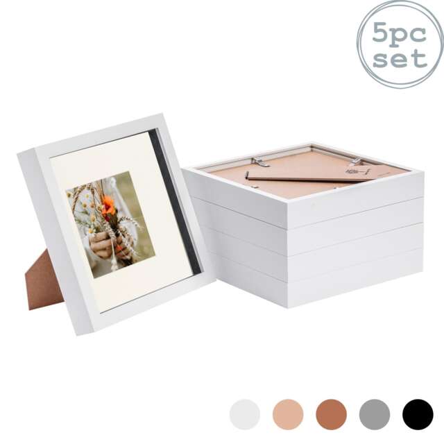 "Nicola Spring 8 x 8"" Photo Frames - White/Ivory Mount - 3D Picture Frame Box Portrait Display Case (22.5 x 22.5cm) Set of 5"