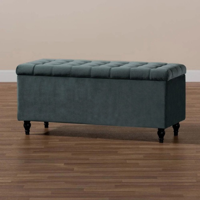 137cm Cubed Ottoman Storage Box,Steel Grey Velvet Upholstered Chesterfield Storage Ottoman Box with Wooden Legs