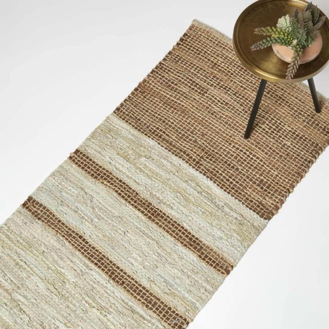 Homescapes Recycled Leather Handwoven Stripe Rug Brown Brown