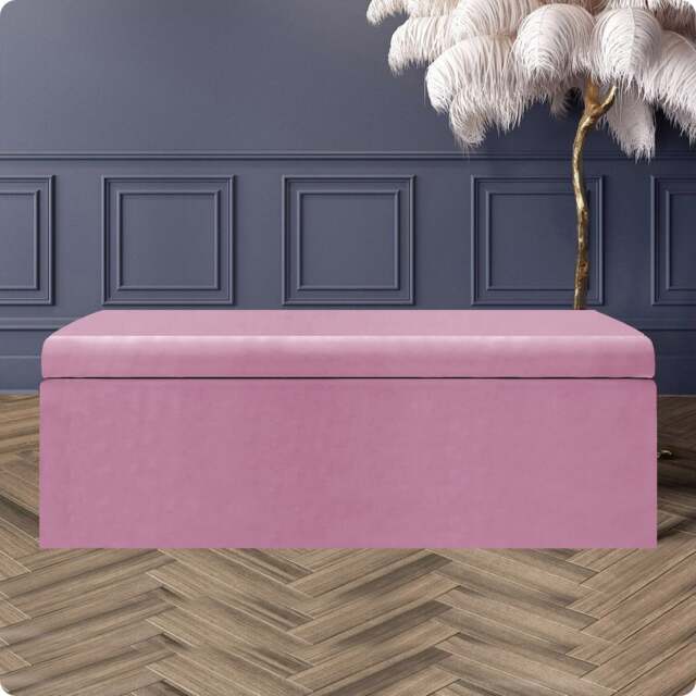 90cm Large Plain Safar Storage Ottoman Box, Pink Plush Velvet Upholstered Deep Storage Ottoman End of Bed Bench