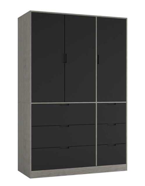 RIGA 3 Door 6 Drawer Wardrobe Grey Cedar Grey & Black 10 x 44.5 x 79 1