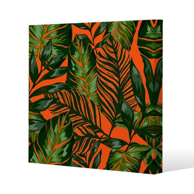 Green Tropical Leaves on Orange (Canvas Print) / 77 x 77 x 4cm Multi