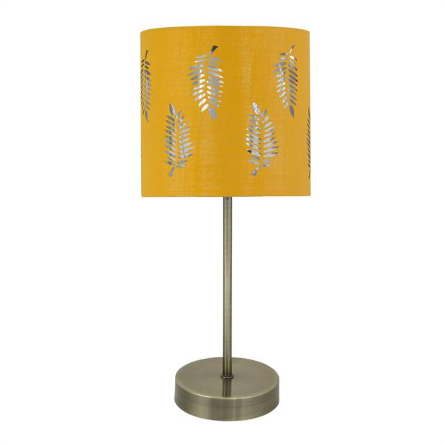 Antique Brass Stick Table Lamp with Ochre Cut Out Shade