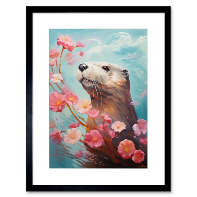 "Otter a Pink Cherry Blossom Branch Elegant 9x7"" Black Framed Wall Art Print"