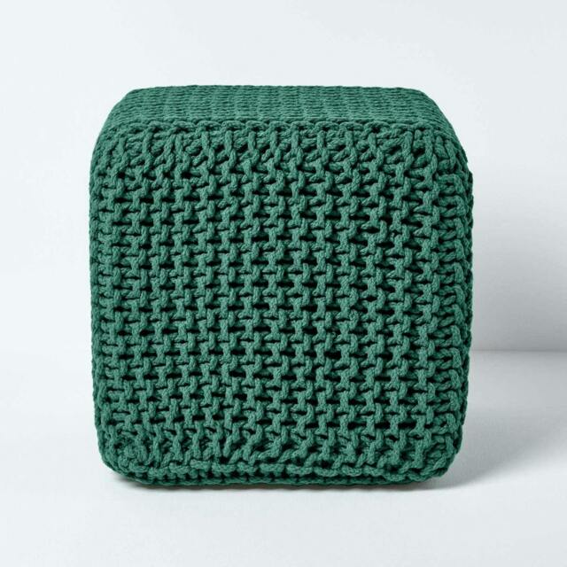 Homescapes Forest Green Cube Cotton Knitted Pouffe Footstool