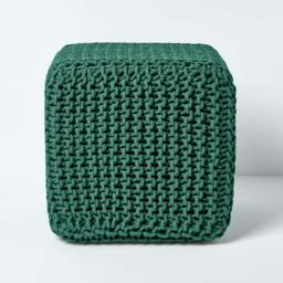 Homescapes Forest Green Cube Cotton Knitted Pouffe Footstool