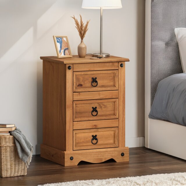 Mercers Furniture Corona Medium 3 Drawer Bedside Cabinet Chest Table Night Stand Solid Wood Pine Wooden Bedroom with Mexican Styling