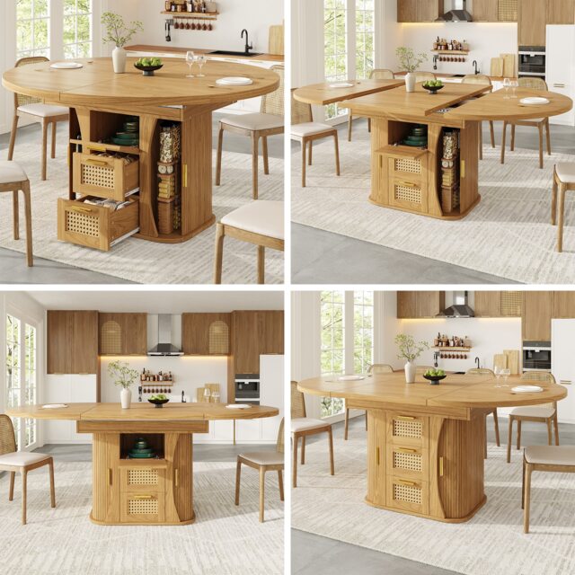VILUXE 118-158 cm Extendable Dining Table with Rattan-Look Drawers and Integrated Storage, MDF and Metal, Natural Wood