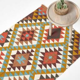Homescapes Oslo Orange, Brown and Yellow Multi Coloured Cotton Diamond Pattern Rug - 160 x 230 cm Multi Brown, yellow, cream orange, white and grey
