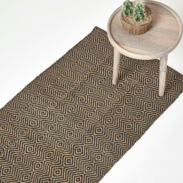 Homescapes Black Geometric Jute Hall Runner - 66 x 200 cm Black Black