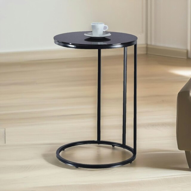 Glass C Shaped Round Side Table Black Black