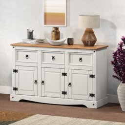 Mercers Furniture Corona White Painted 3 Door 3 Drawer Sideboard Cabinet Cupboard Dresser Solid Wood Pine Wooden with Mexican Styling