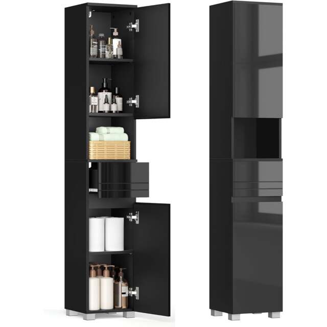 Tall Narrow Bathroom Storage Cabinet with Drawer and Adjustable Shelves, Ink Black