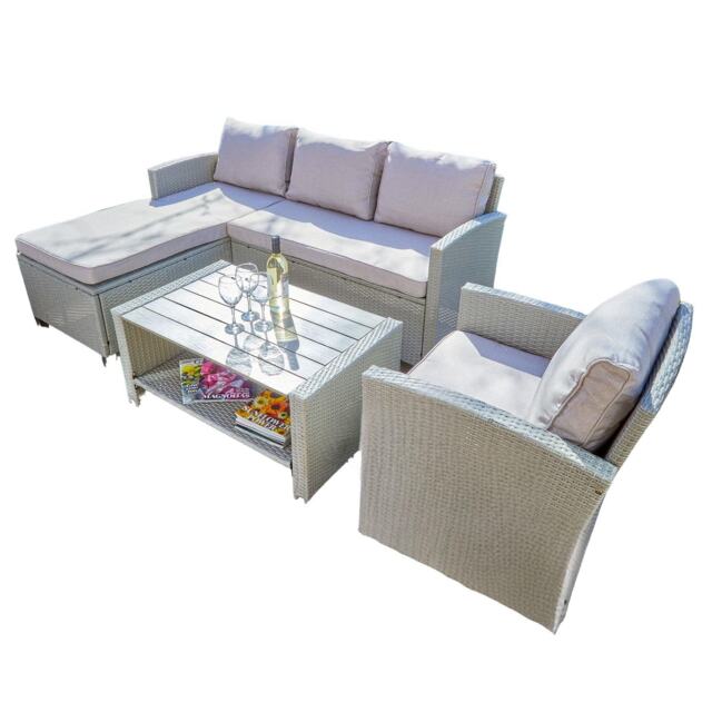Trapani 4 Piece Garden Patio Furniture Set Corner Sofa Table Chair Cushions Grey