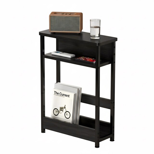 London Boutique Black Slim Bedside Table Steel & MDF Narrow Gap Nightstand 3-Tier Storage End Table for Bedroom Living Room 46 x 20 x 63 cm 1 Pack