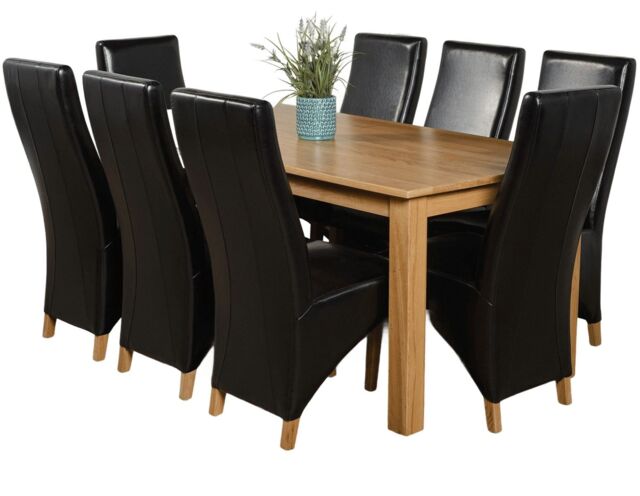 Oslo 180 x 90 cm Large Oak Dining Table and 8 Lola Leather Chairs Black Black