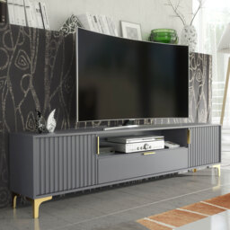TV Stand TV Unit Cabinet Sideboard Media Cabinet Grey Fluted Gold Legs 200cm