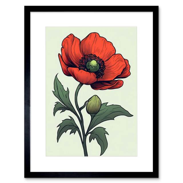 "Anemone Flower Tattoo Ink Body Rockabilly 50s 9x7"" Black Framed Wall Art Print"
