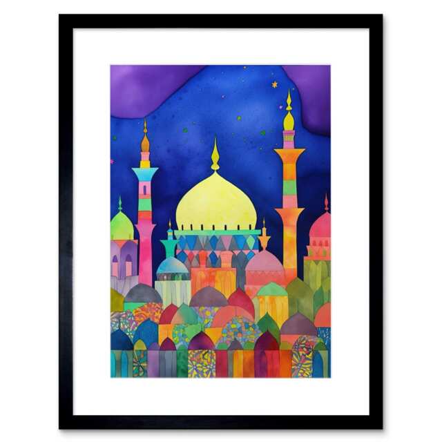 "Mosque Cityscape Domes Colourful Folk Art 9x7"" Black Framed Wall Art Print"