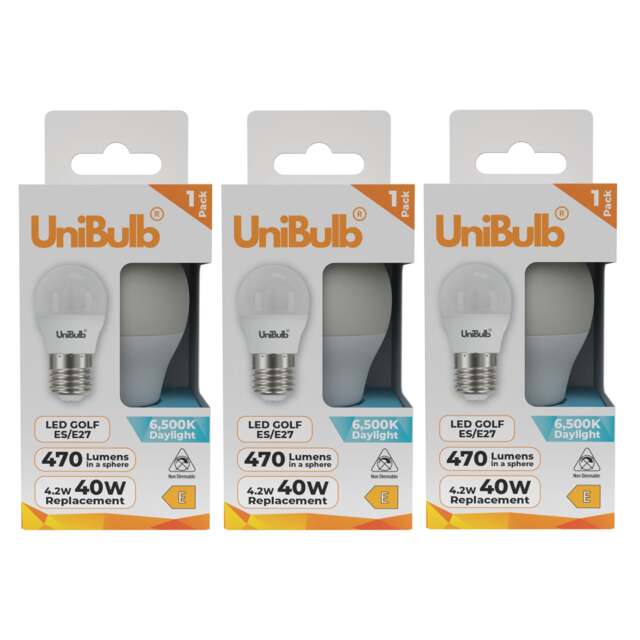 UniBulb LED Golf Ball E27 Edison Screw (ES) 470lm 4.2W (Replaces 40W) 6500K (Daylight) Light Bulb - Pack of 3