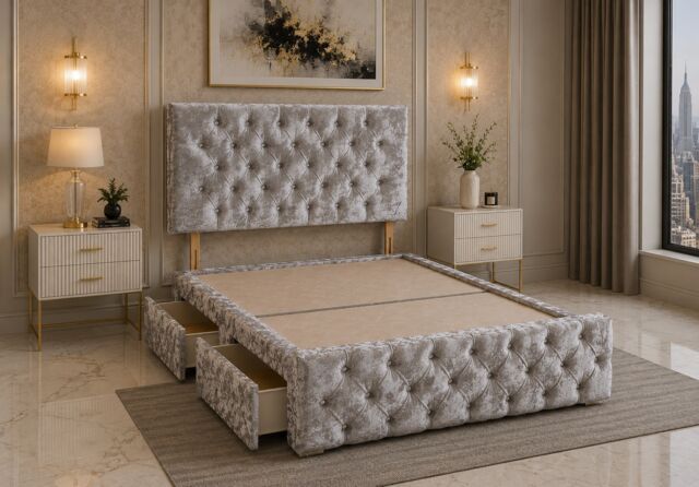 Brooklyn Divan Bed with Upholstered Headboard & Footboard Base - Double Silver Crush 2 Drawers Storage Right Side in Bed