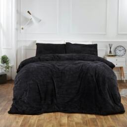 OHS Ultra Soft Teddy Fleece Duvet Cover and Pillowcase Set, Double - Black