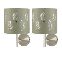 Set of 2 Brea - Antique Brass Wall Lights with Sage Green Fern Shades Yellow Green 2