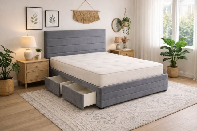 Divan Bed Set Headboard and Footboard with Mattress 5ft Kingsize Grey Suede Storage 4 Drawers
