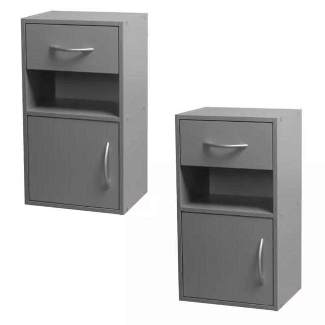2-Pcs Wooden Bedside Cabinets with 1 Door & 1 Drawer Grey 1