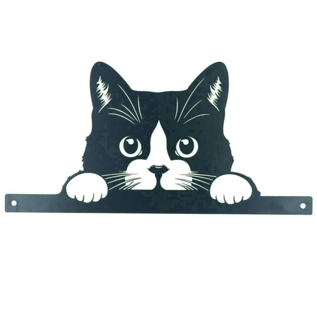 Black Metal Peeking Cat Silhouette with Fixing Plate Garden Ornament Gift