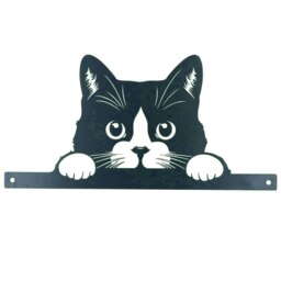 Black Metal Peeking Cat Silhouette with Fixing Plate Garden Ornament Gift