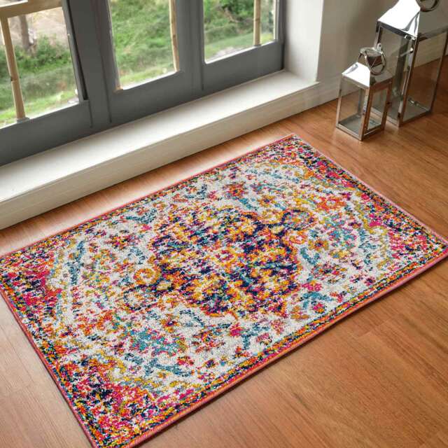 LIVABLISS Harput-Vintage Traditional Boho Rug 60 x 90 cm Blue Orange Yellow Grey