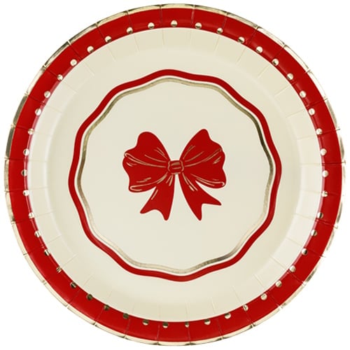 Red Bow Beige Christmas Round Paper Plates 18cm - Pack of 6