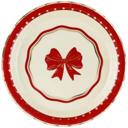Red Bow Beige Christmas Round Paper Plates 18cm - Pack of 6