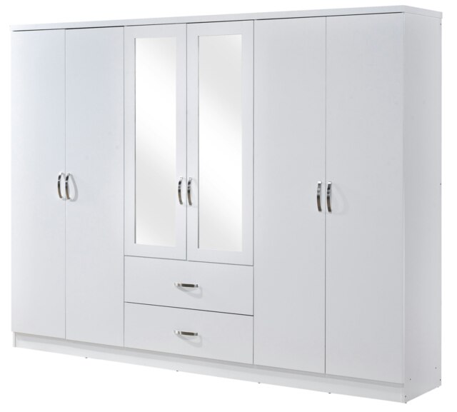 Paddington 6 Door 2 Drawer Mirrored Wardrobe White Chrome Handles
