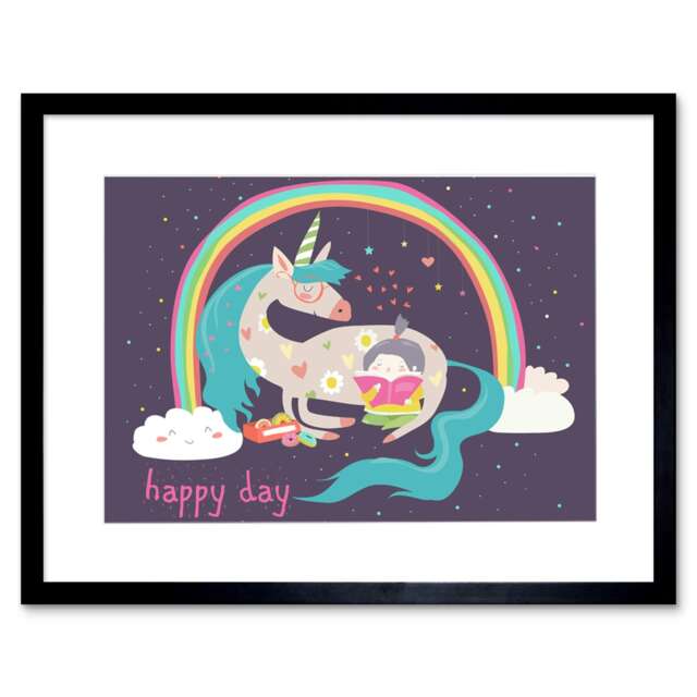 "Unicorn Rainbow Child Reading Cute Cartoon Kids Bedroom 9x7"" Black Framed Wall Art Print"