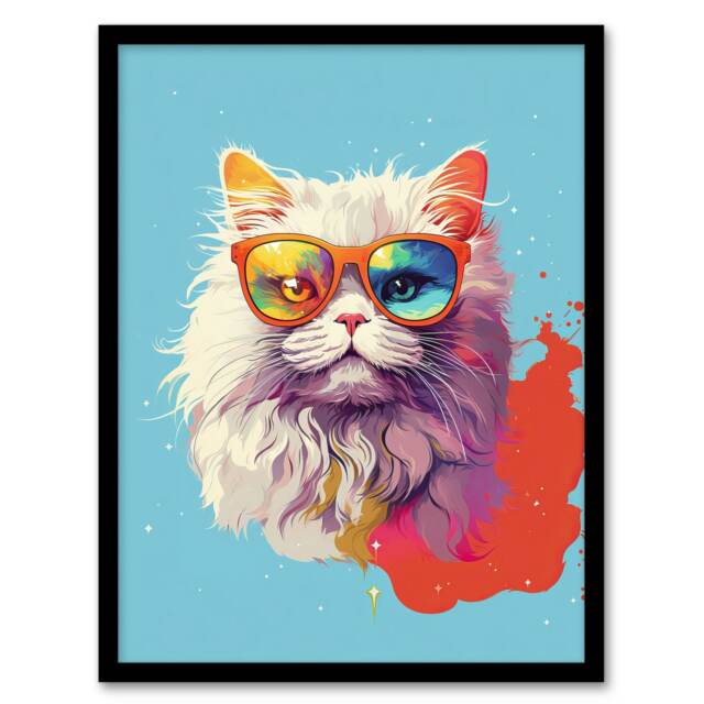 Persian Cat Retro Sunglasses Gift Pet Home Decor Black Framed Wall Art Print A4