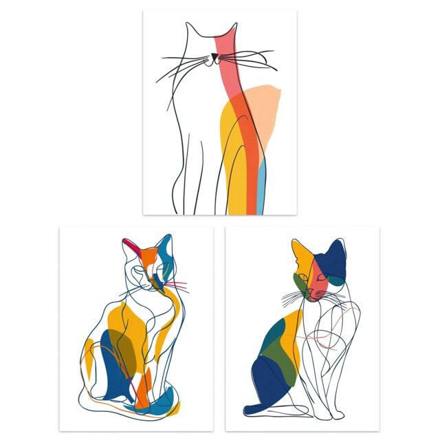 Set of 3 Modern Colourful Abstract Line Cat Lover Living Room A4 Size Wall Art Prints Pack