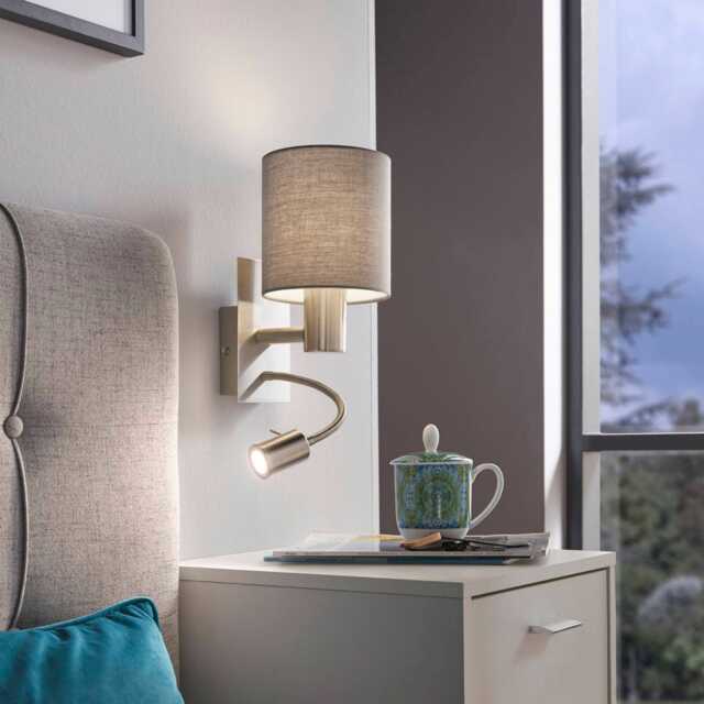 EGLO Pasteri Steel And Grey Fabric Wall/ Reading Light