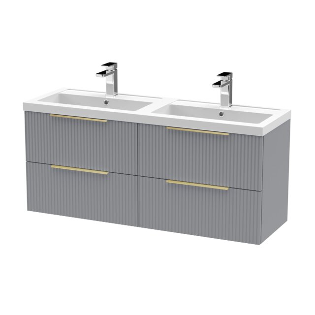 Balterley Fluted Front Wall Hung 4-Drawer Bathroom Vanity Unit with Double Basin, Handles Grey Satin Grey