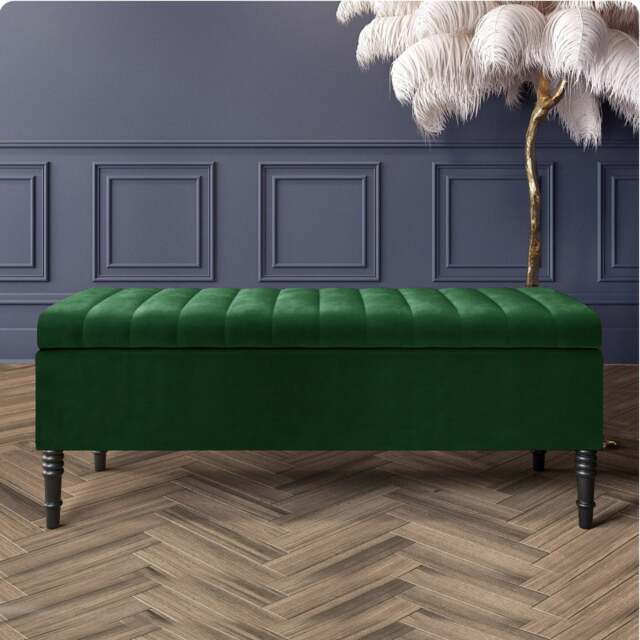 120cm Paris Striped Ottoman Storage Bench- Plush Velvet Shoe Bench - Forest Green Upholstery Footstool with Storage