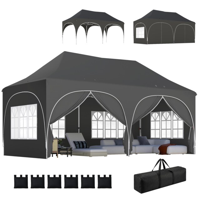 Outsunny 3 x 6m Pop Up Gazebo with Sides, Peak Top Garden Party Tent Marquee Grey Dark Grey 598 x 300 x 315 cm